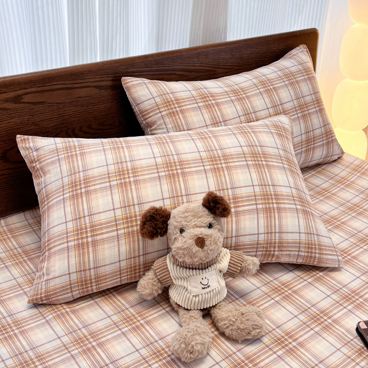 韩巢家纺 2025新款复古风格子双层纱单枕套 鹿灵