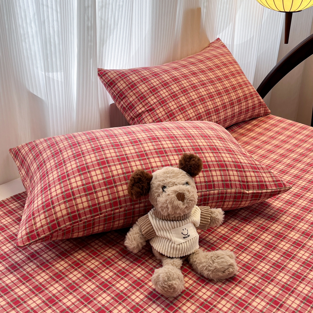 91家纺网 家纺一手货源 找家纺 韩巢家纺 2025新款复古风格子双层纱单枕套 圣诞