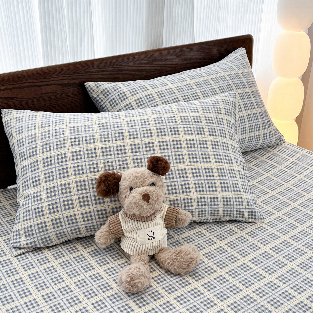 韩巢家纺 2025新款复古风格子双层纱单枕套 银河