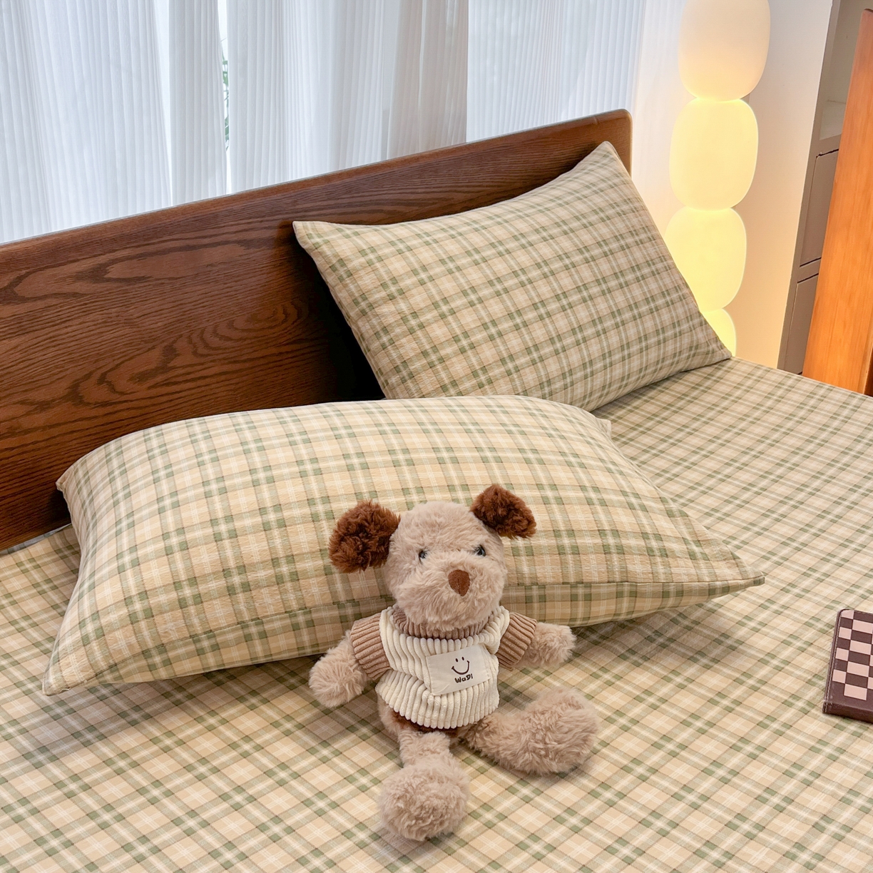 91家纺网 家纺一手货源 找家纺 韩巢家纺 2025新款复古风格子双层纱单枕套 松野