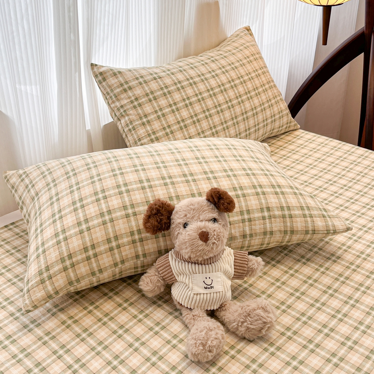 91家纺网 家纺一手货源 找家纺 韩巢家纺 2025新款复古风格子双层纱单枕套 松野