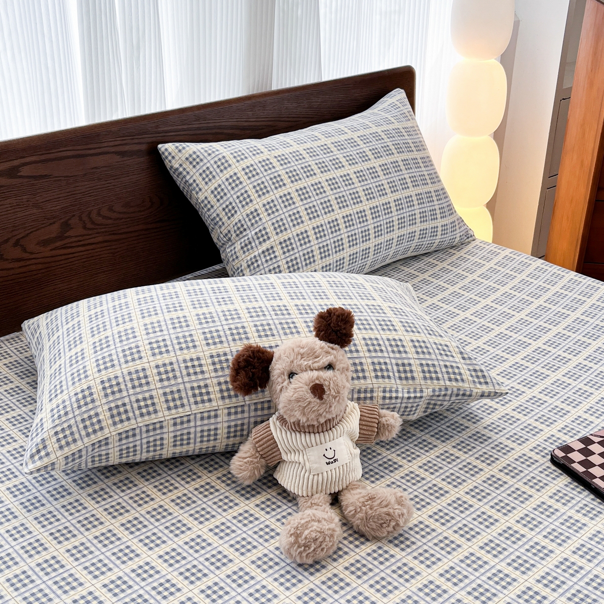 91家纺网 家纺一手货源 找家纺 韩巢家纺 2025新款云感双层纱格子复古风单床笠 银河