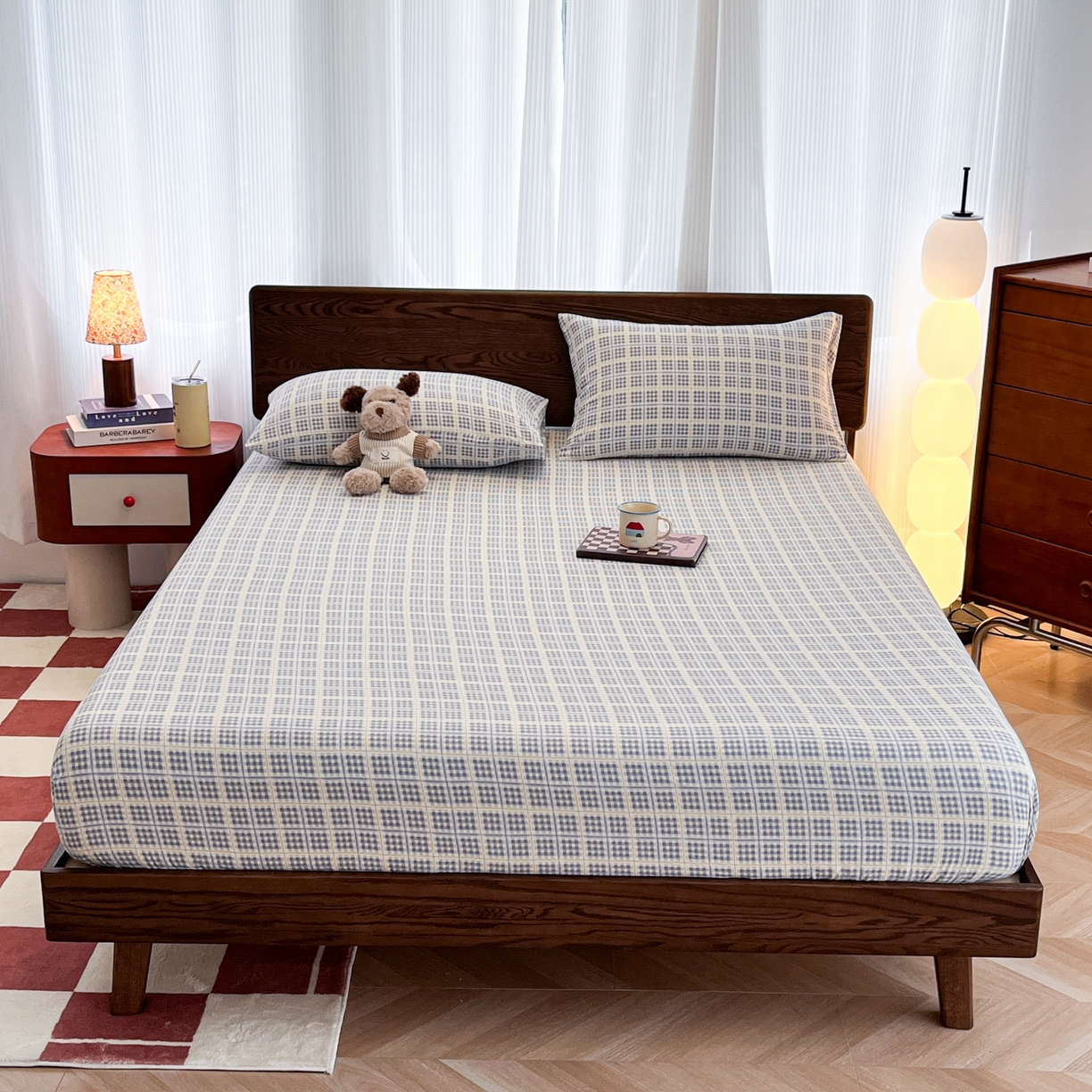 91家纺网 家纺一手货源 找家纺 韩巢家纺 2025新款云感双层纱格子复古风单床笠 银河