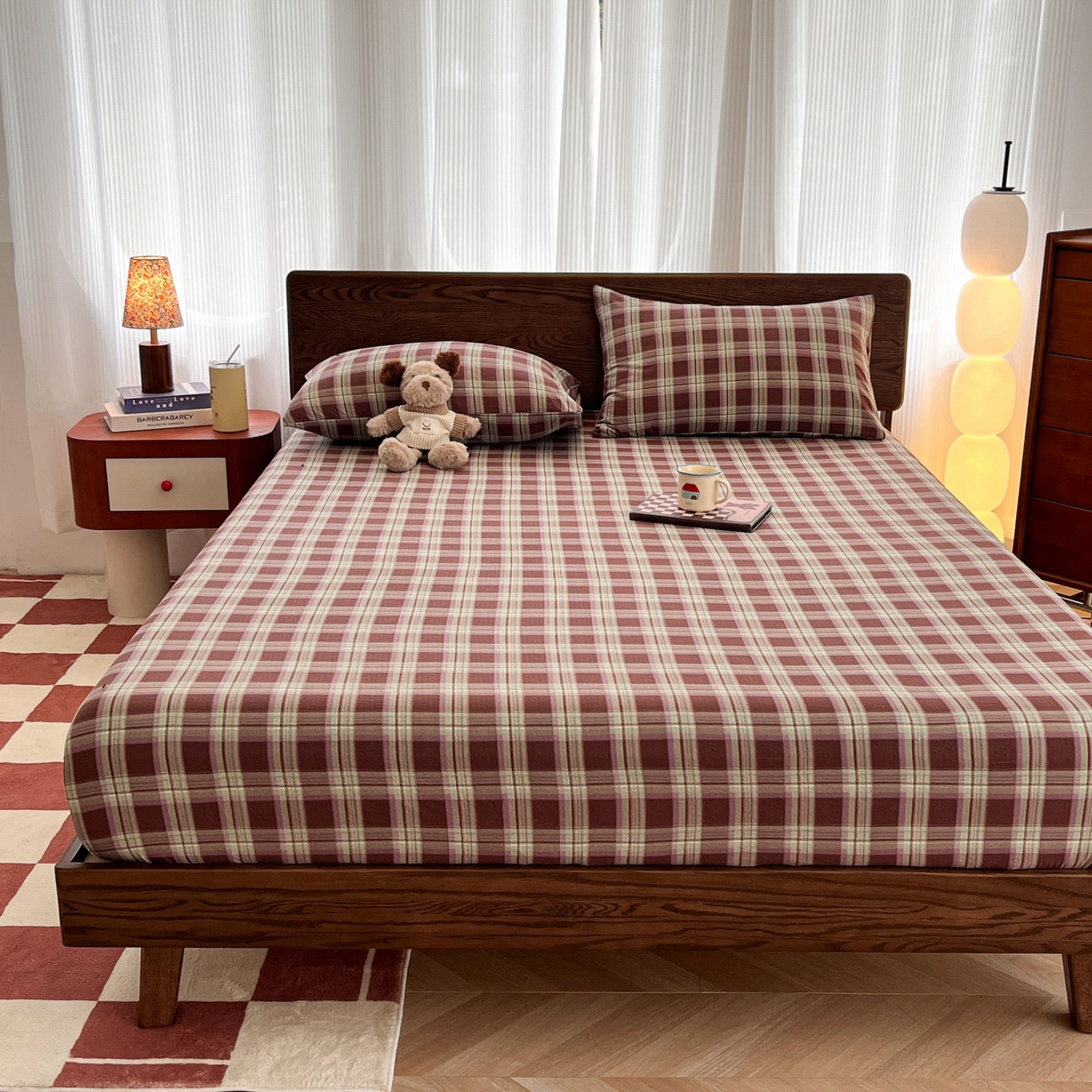 91家纺网 家纺一手货源 找家纺 韩巢家纺 2025新款云感双层纱格子复古风单床笠 薄巧