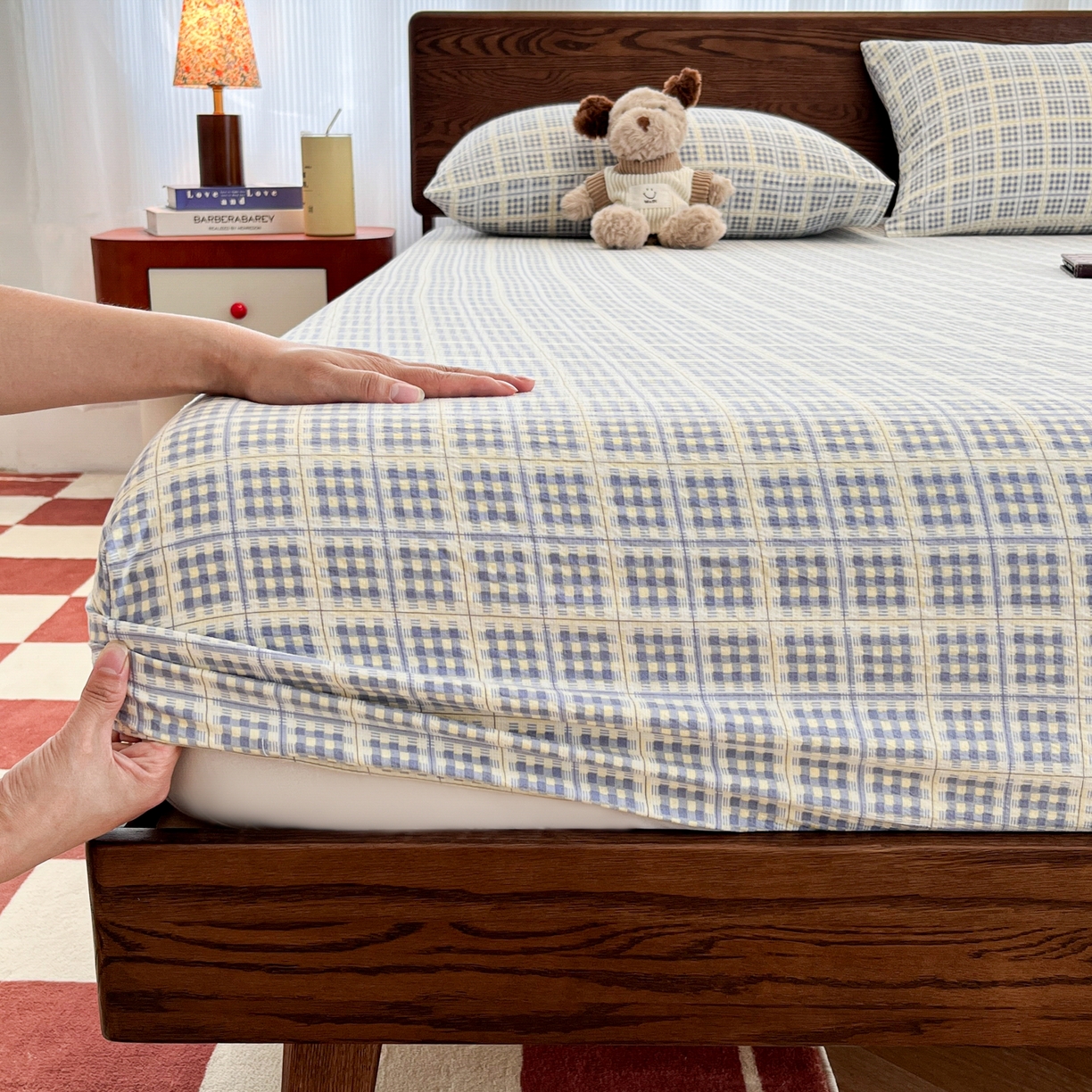 91家纺网 家纺一手货源 找家纺 韩巢家纺 2025新款云感双层纱格子复古风单床笠 银河