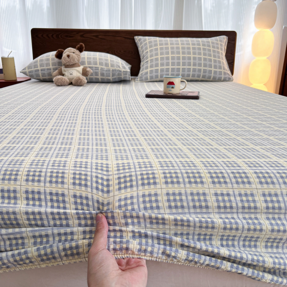 91家纺网 家纺一手货源 找家纺 韩巢家纺 2025新款云感双层纱格子复古风单床笠 银河