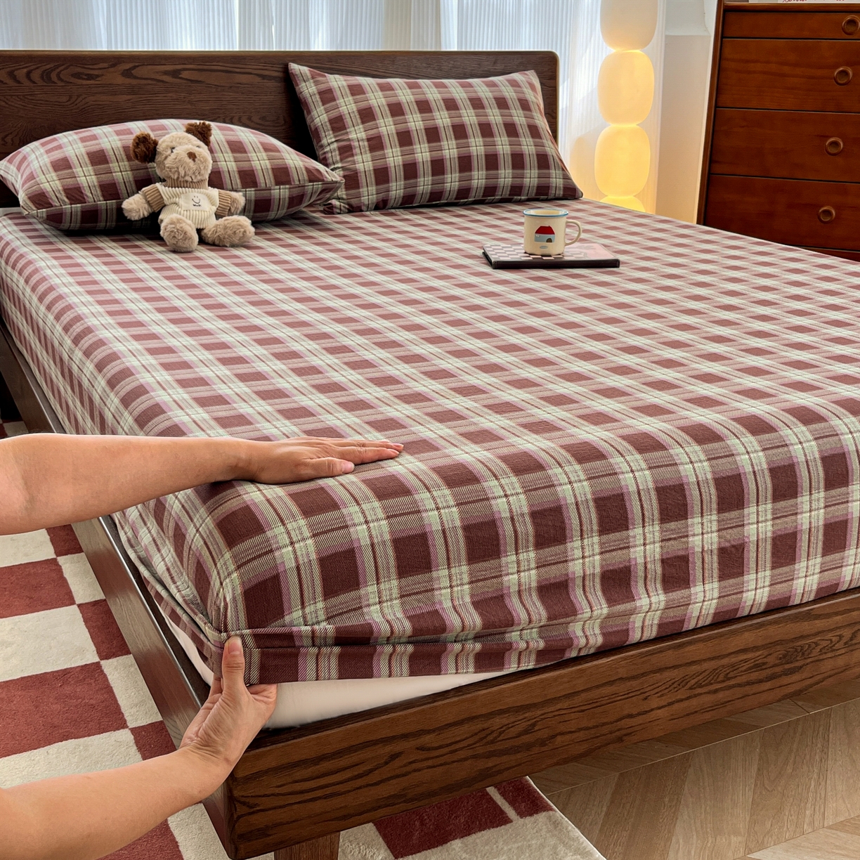 韩巢家纺 2025新款云感双层纱格子复古风单床笠 薄巧