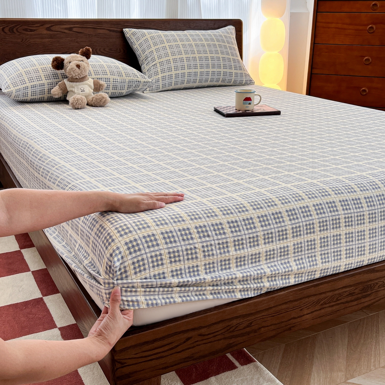 韩巢家纺 2025新款云感双层纱格子复古风单床笠 银河