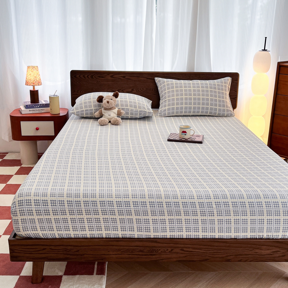 91家纺网 家纺一手货源 找家纺 韩巢家纺 2025新款云感双层纱格子复古风单床笠 银河