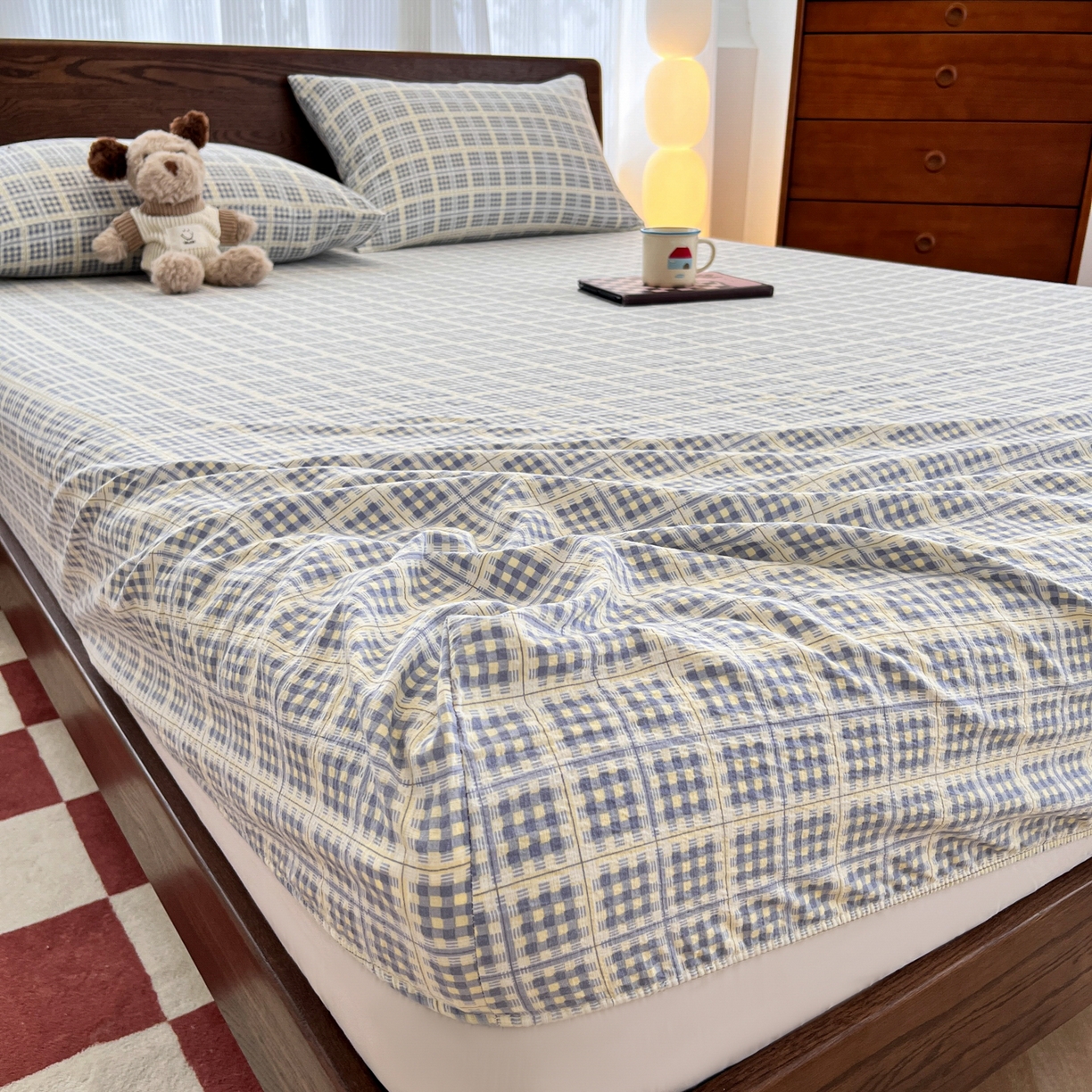 91家纺网 家纺一手货源 找家纺 韩巢家纺 2025新款云感双层纱格子复古风单床笠 银河