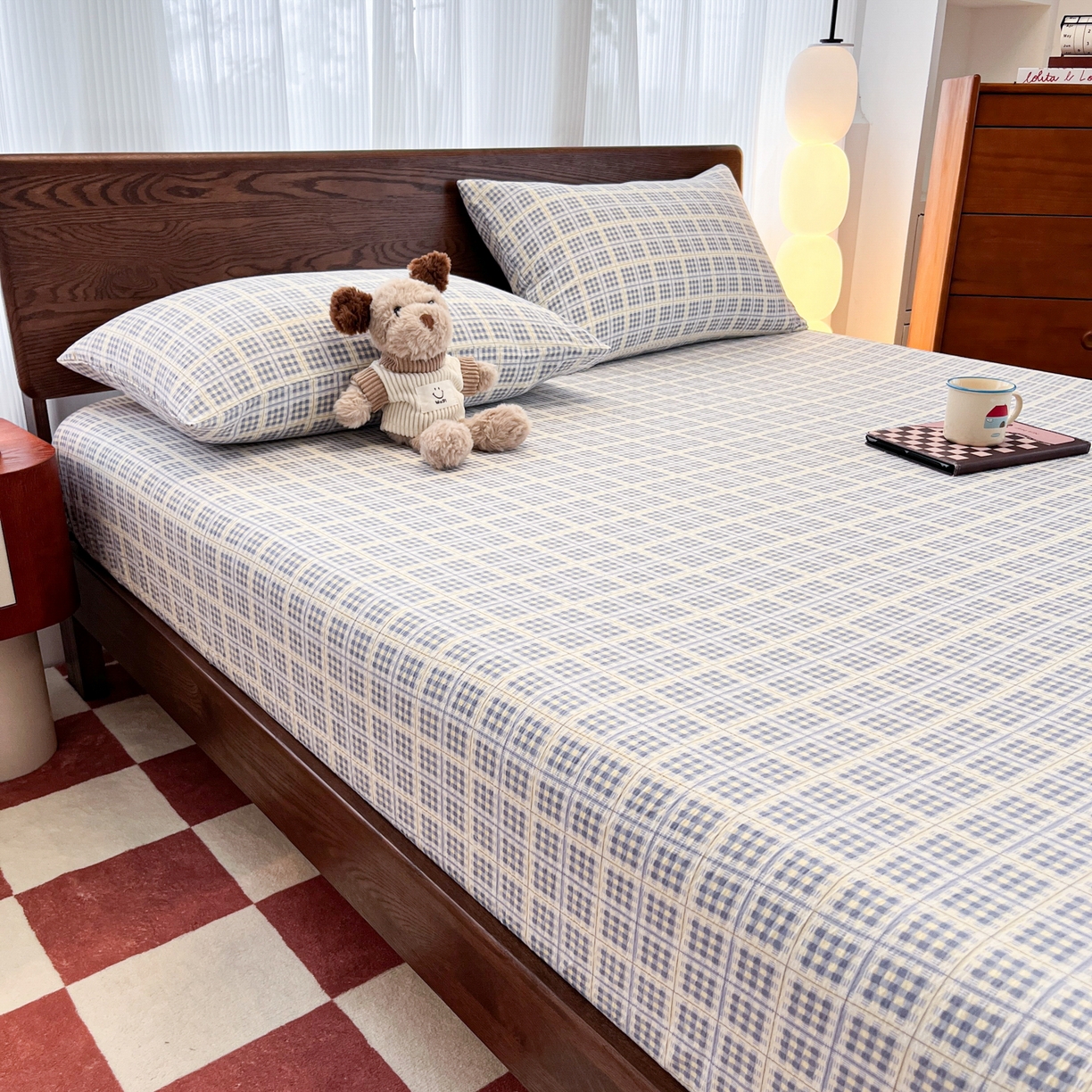 91家纺网 家纺一手货源 找家纺 韩巢家纺 2025新款云感双层纱格子复古风单床笠 银河