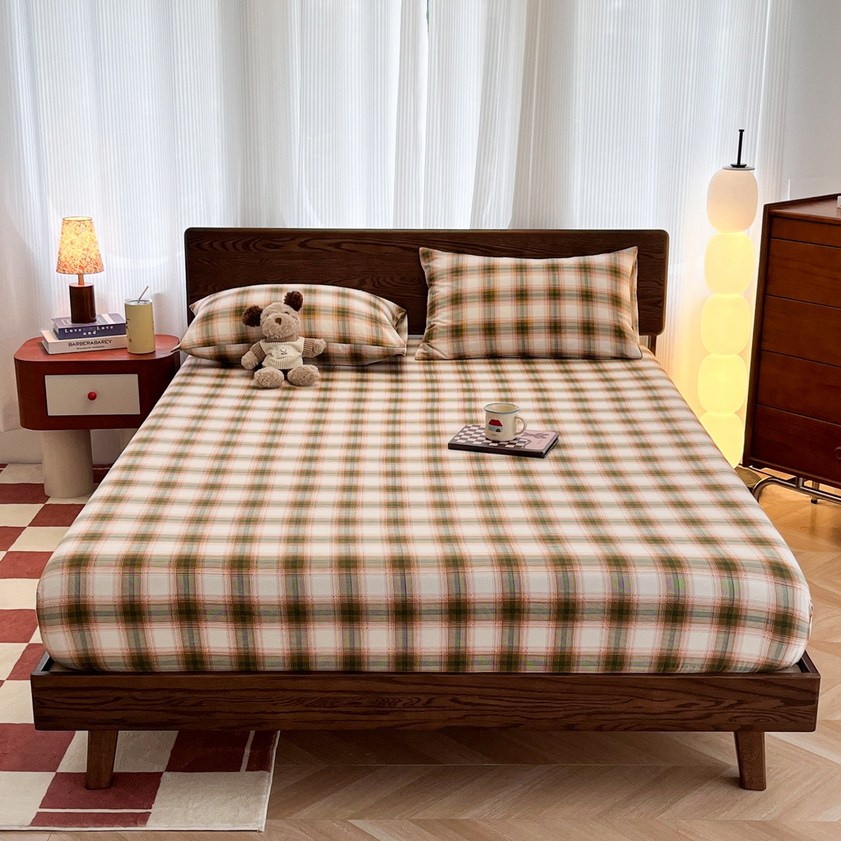 91家纺网 家纺一手货源 找家纺 韩巢家纺 2025新款云感双层纱格子复古风单床笠 葵野