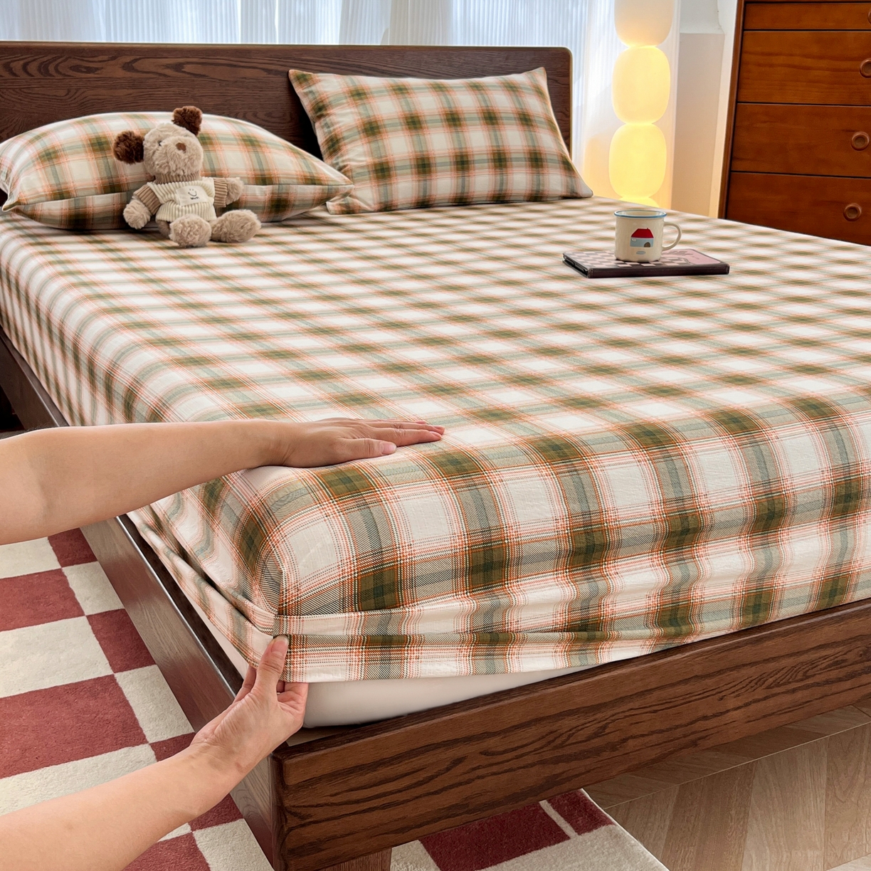 韩巢家纺 2025新款云感双层纱格子复古风单床笠 葵野