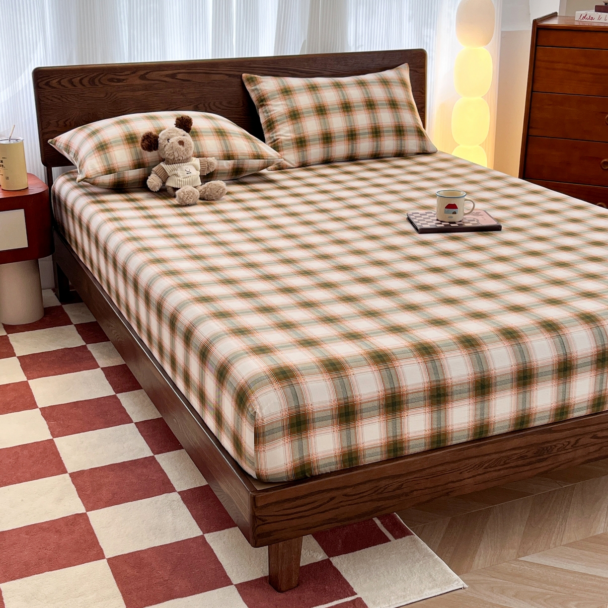 91家纺网 家纺一手货源 找家纺 韩巢家纺 2025新款云感双层纱格子复古风单床笠 葵野