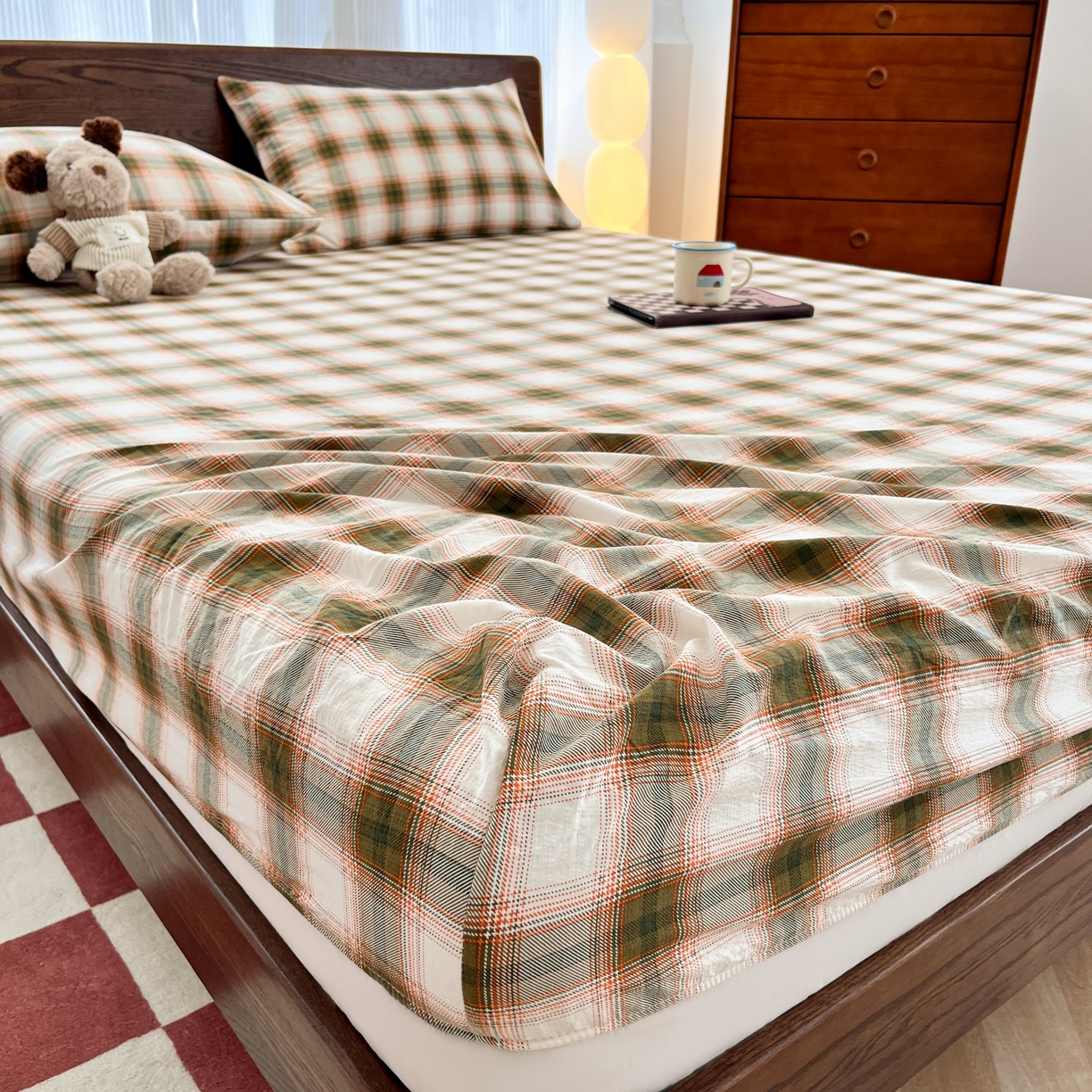 91家纺网 家纺一手货源 找家纺 韩巢家纺 2025新款云感双层纱格子复古风单床笠 葵野