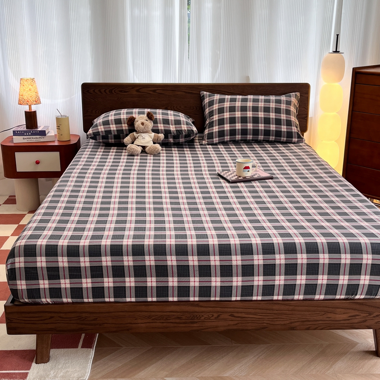 91家纺网 家纺一手货源 找家纺 韩巢家纺 2025新款云感双层纱格子复古风单床笠 幻夜