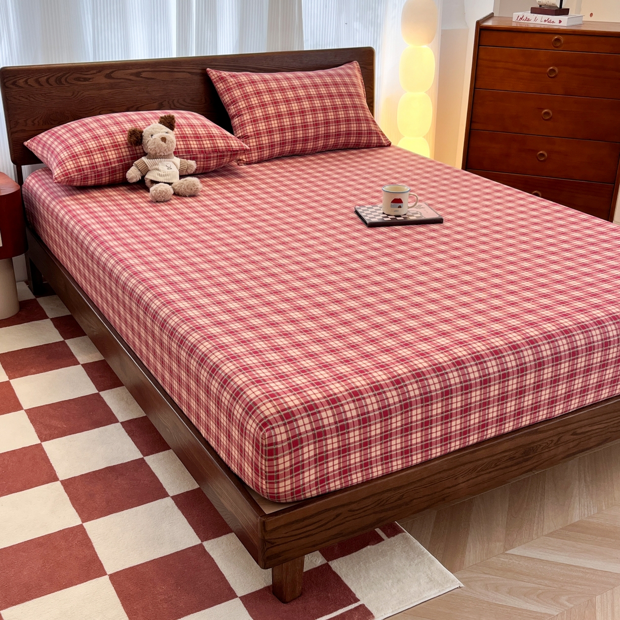 91家纺网 家纺一手货源 找家纺 韩巢家纺 2025新款云感双层纱格子复古风单床笠 圣诞