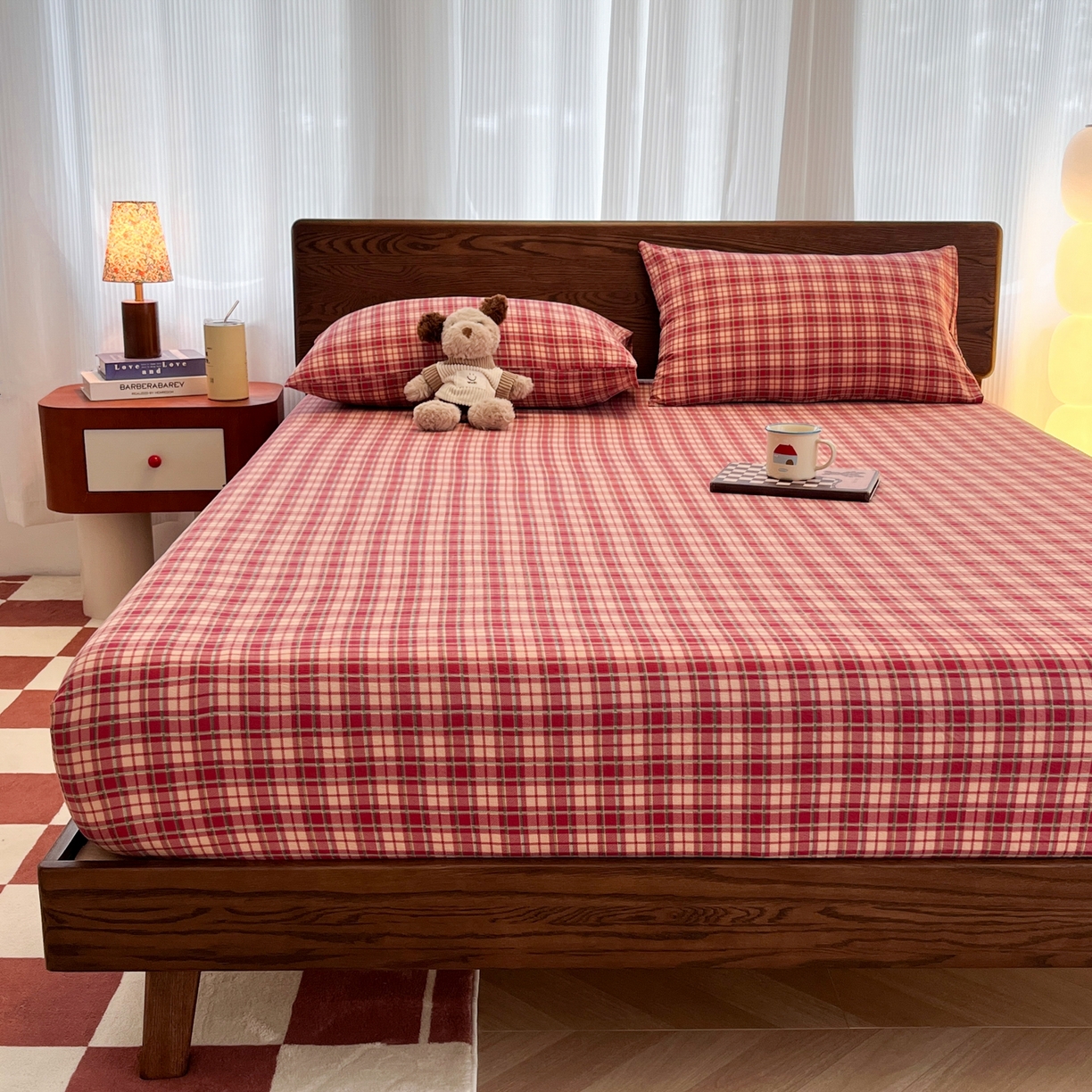 91家纺网 家纺一手货源 找家纺 韩巢家纺 2025新款云感双层纱格子复古风单床笠 圣诞