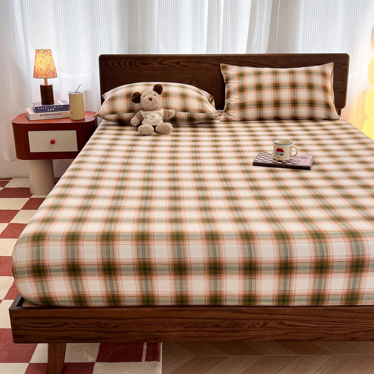 91家纺网 家纺一手货源 找家纺 韩巢家纺 2025新款云感双层纱格子复古风单床笠 葵野