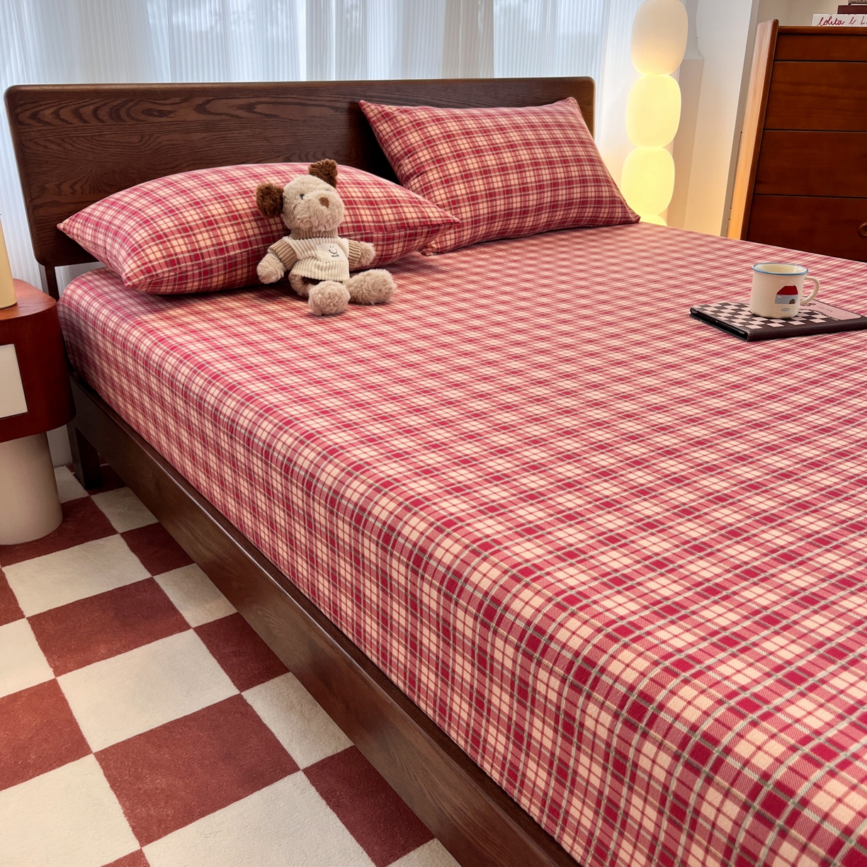 91家纺网 家纺一手货源 找家纺 韩巢家纺 2025新款云感双层纱格子复古风单床笠 圣诞