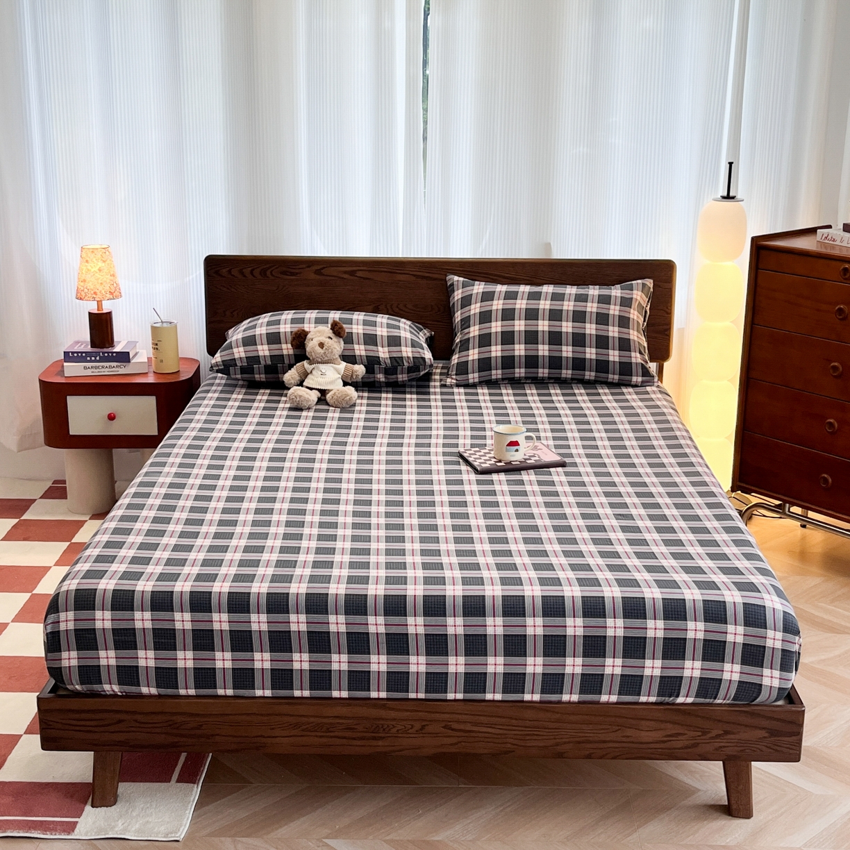 91家纺网 家纺一手货源 找家纺 韩巢家纺 2025新款云感双层纱格子复古风单床笠 幻夜