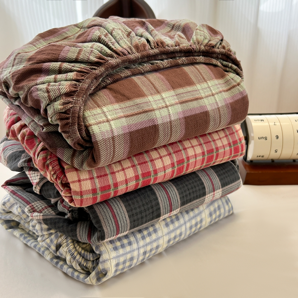 韩巢家纺 2025新款云感双层纱格子复古风单床笠 组合图仅供展示