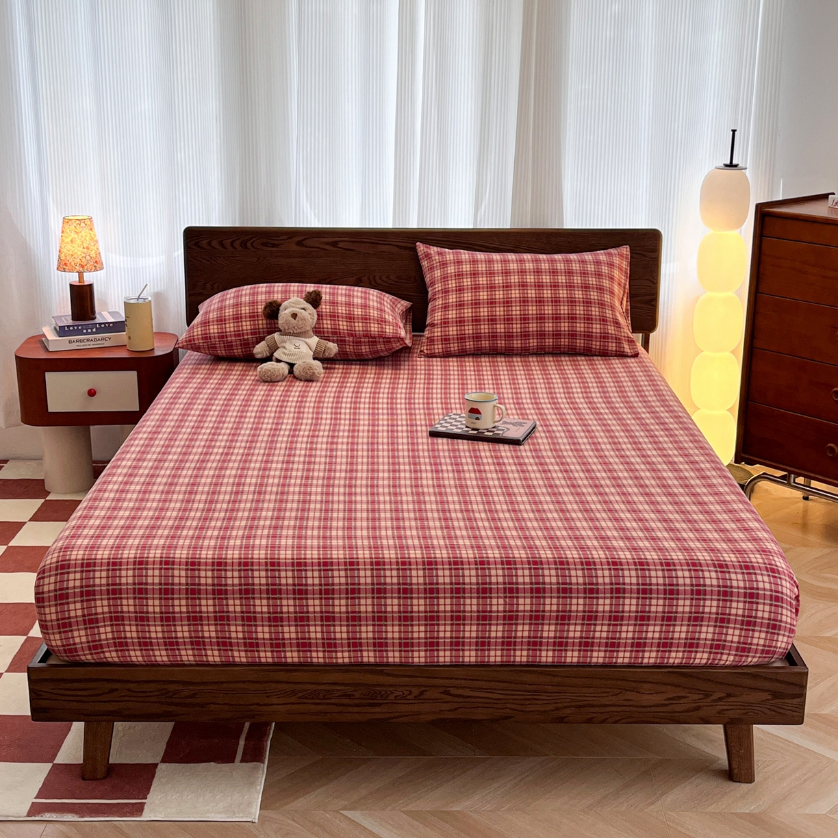 91家纺网 家纺一手货源 找家纺 韩巢家纺 2025新款云感双层纱格子复古风单床笠 圣诞