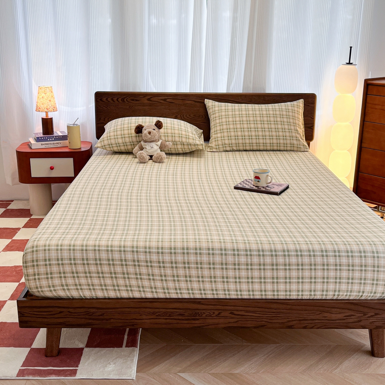 91家纺网 家纺一手货源 找家纺 韩巢家纺 2025新款云感双层纱格子复古风单床笠 松野