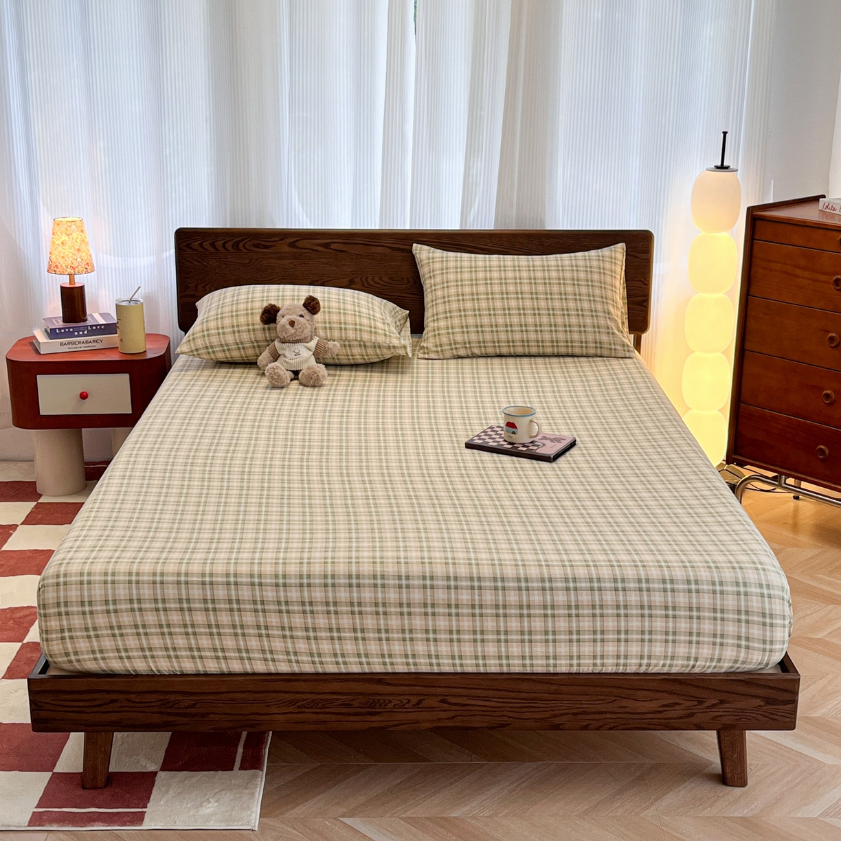 91家纺网 家纺一手货源 找家纺 韩巢家纺 2025新款云感双层纱格子复古风单床笠 松野