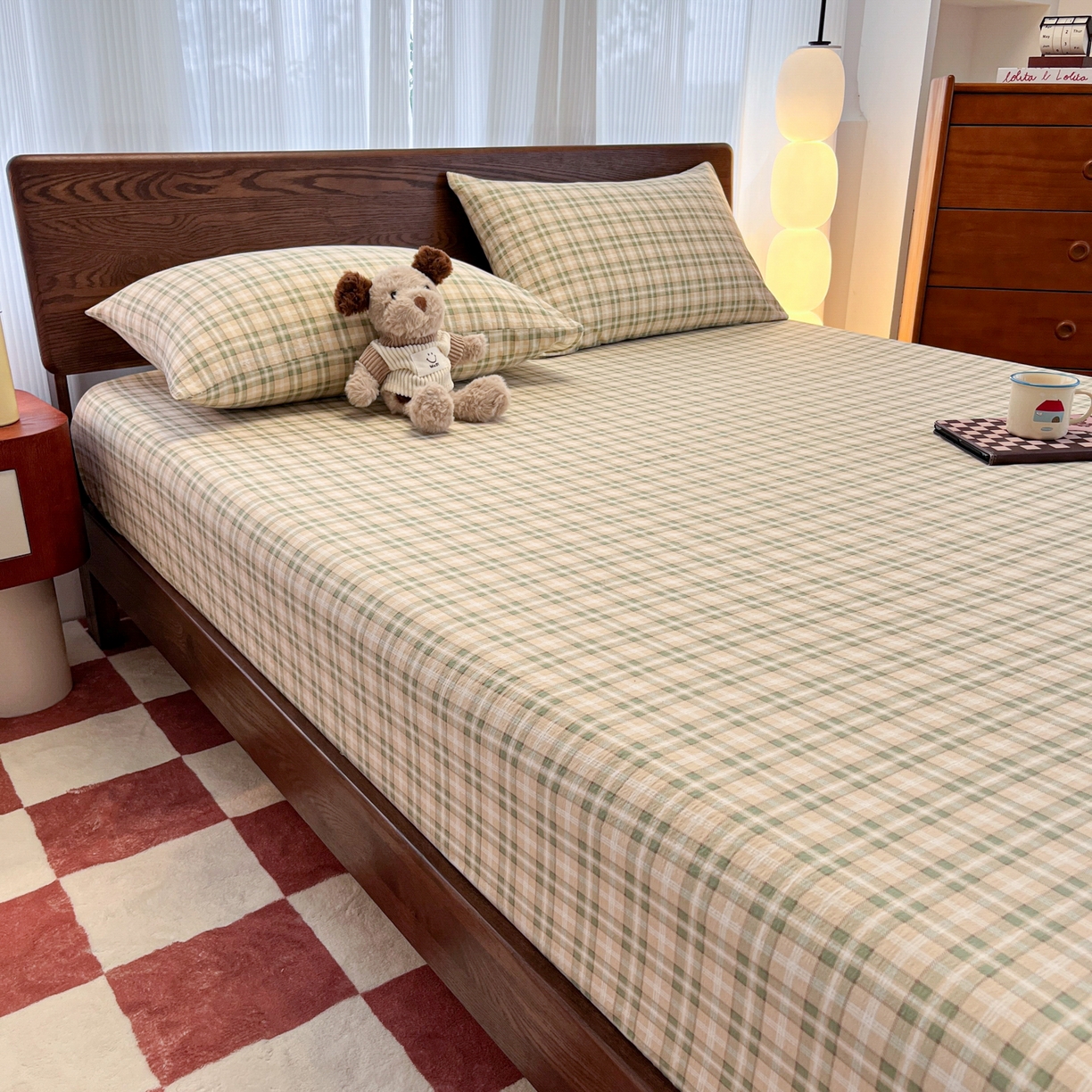 91家纺网 家纺一手货源 找家纺 韩巢家纺 2025新款云感双层纱格子复古风单床笠 松野