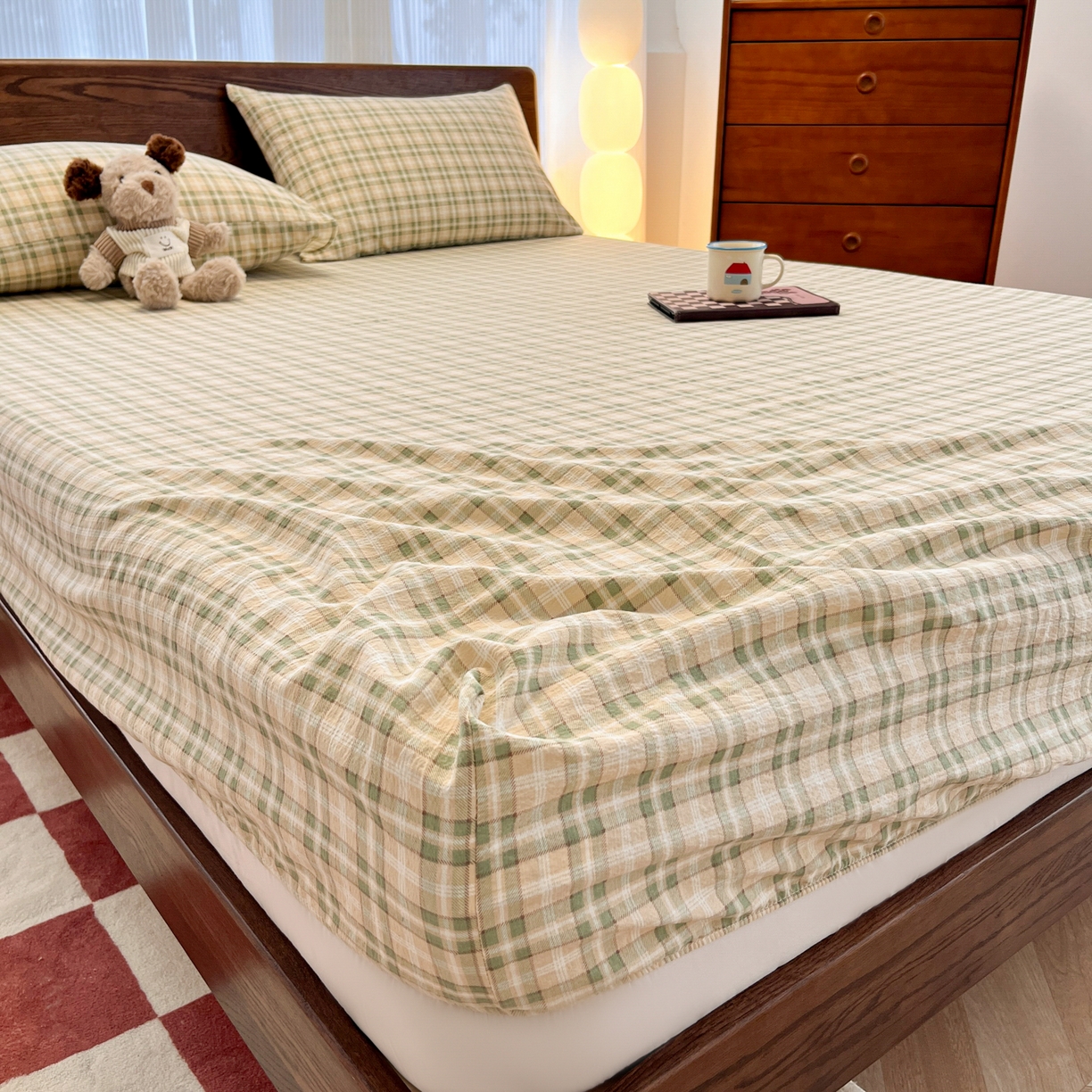 91家纺网 家纺一手货源 找家纺 韩巢家纺 2025新款云感双层纱格子复古风单床笠 松野