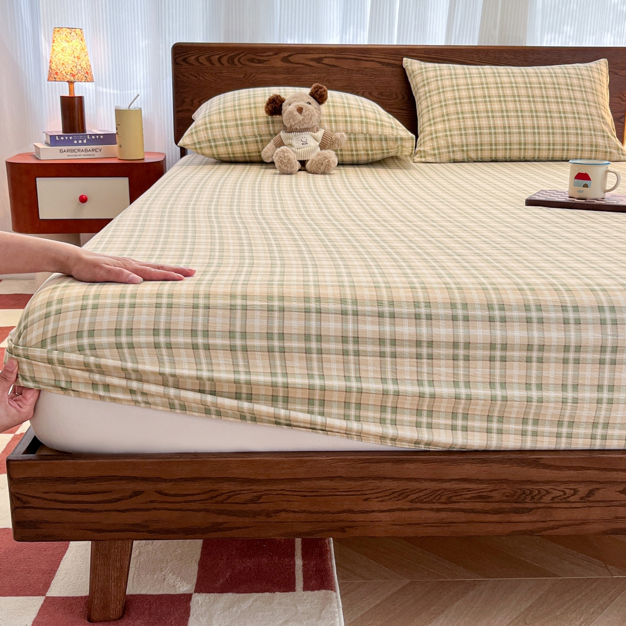 91家纺网 家纺一手货源 找家纺 韩巢家纺 2025新款云感双层纱格子复古风单床笠 松野