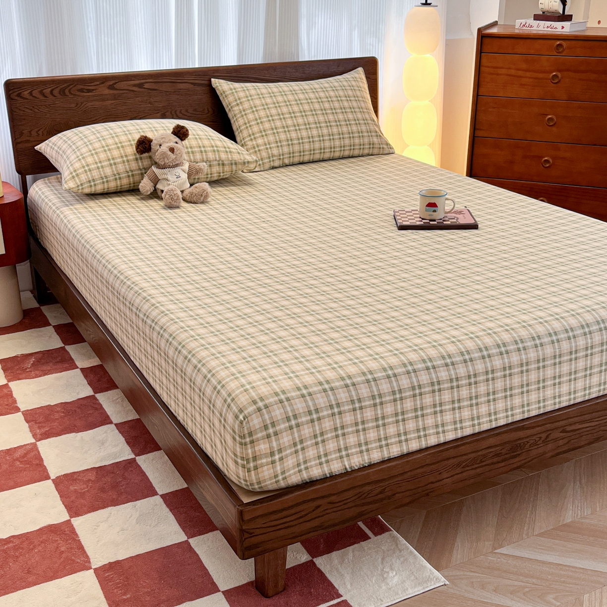 91家纺网 家纺一手货源 找家纺 韩巢家纺 2025新款云感双层纱格子复古风单床笠 松野