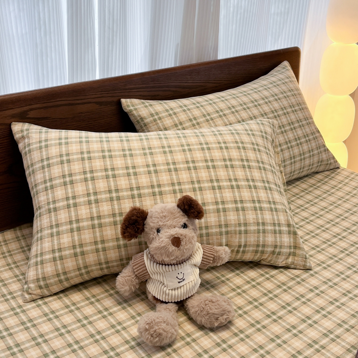 91家纺网 家纺一手货源 找家纺 韩巢家纺 2025新款云感双层纱格子复古风单床笠 松野