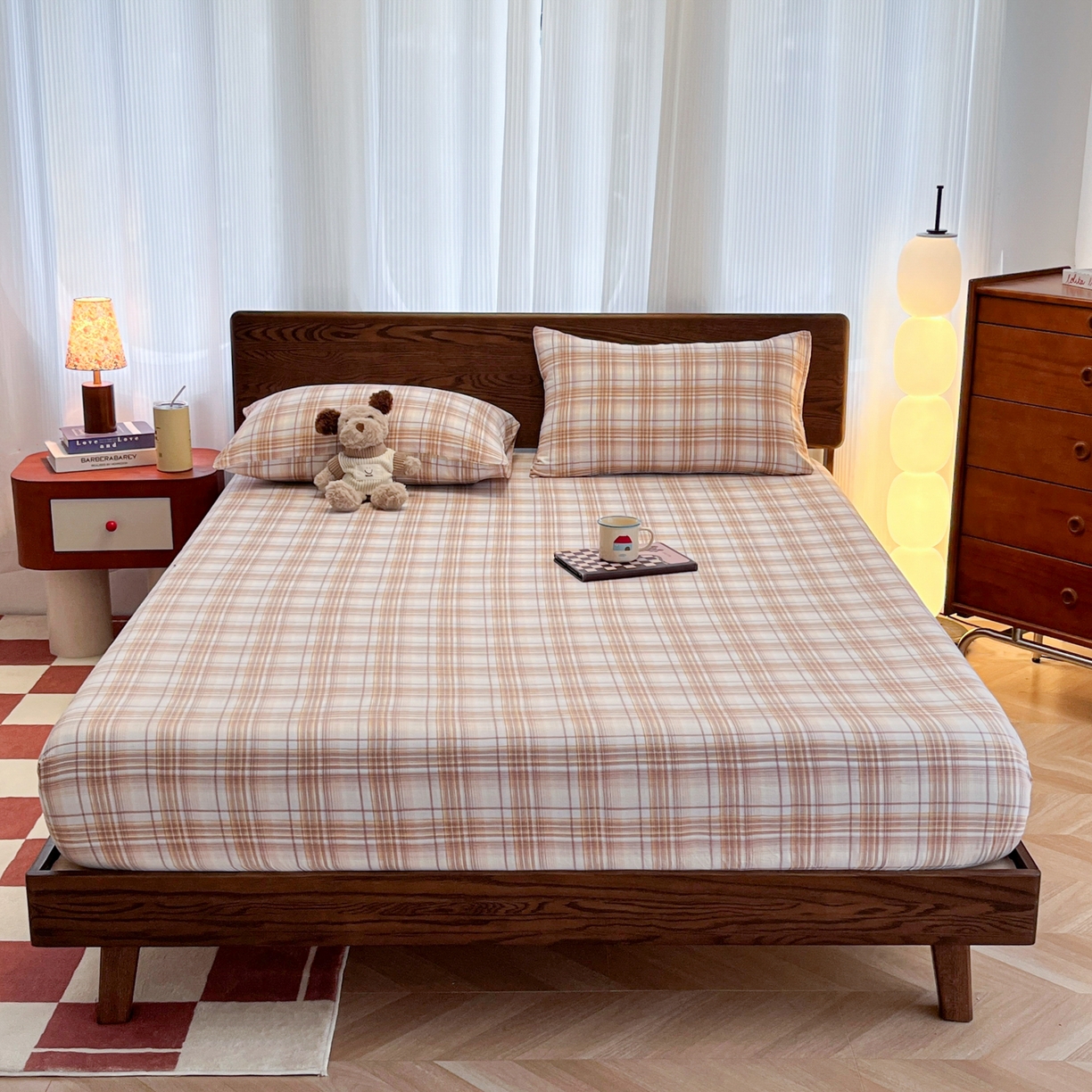 91家纺网 家纺一手货源 找家纺 韩巢家纺 2025新款云感双层纱格子复古风单床笠 鹿灵