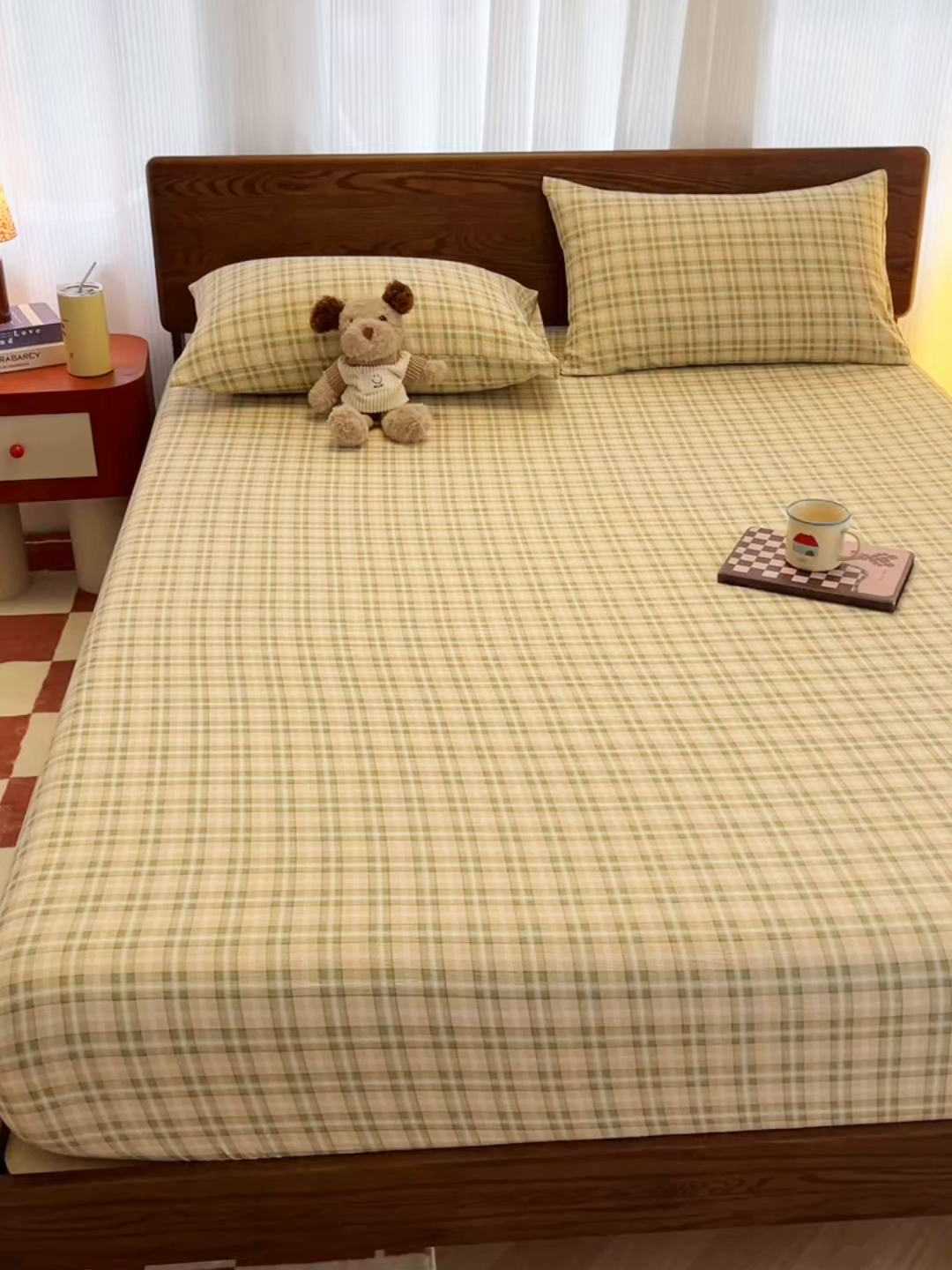 91家纺网 家纺一手货源 找家纺 韩巢家纺 2025新款云感双层纱格子复古风单床笠 松野