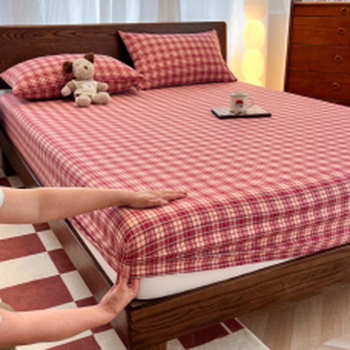 韩巢家纺 2025新款云感双层纱格子复古风单床笠 圣诞