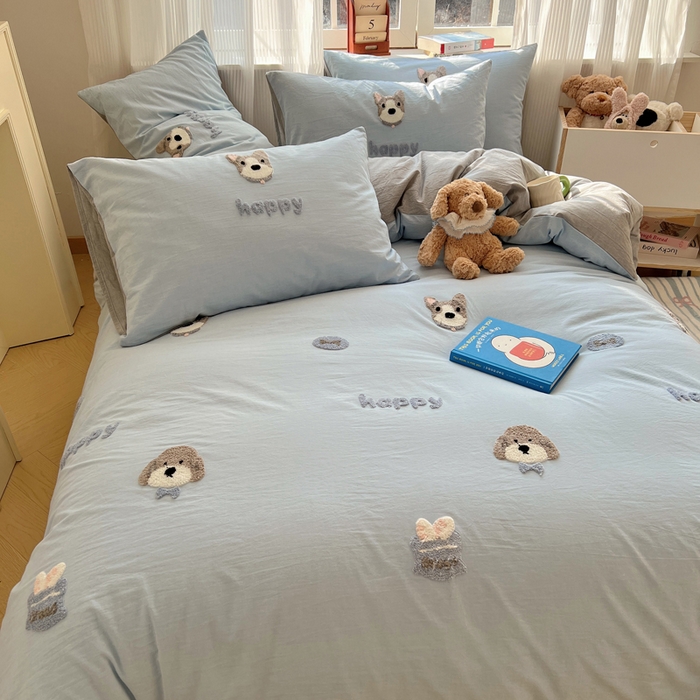 91家纺网 家纺一手货源 找家纺 慕尚家纺 2025新款春夏新款色织水洗棉毛巾绣四件套 泰迪狗 蓝