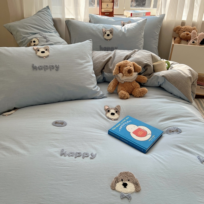 91家纺网 家纺一手货源 找家纺 慕尚家纺 2025新款春夏新款色织水洗棉毛巾绣四件套 泰迪狗 蓝