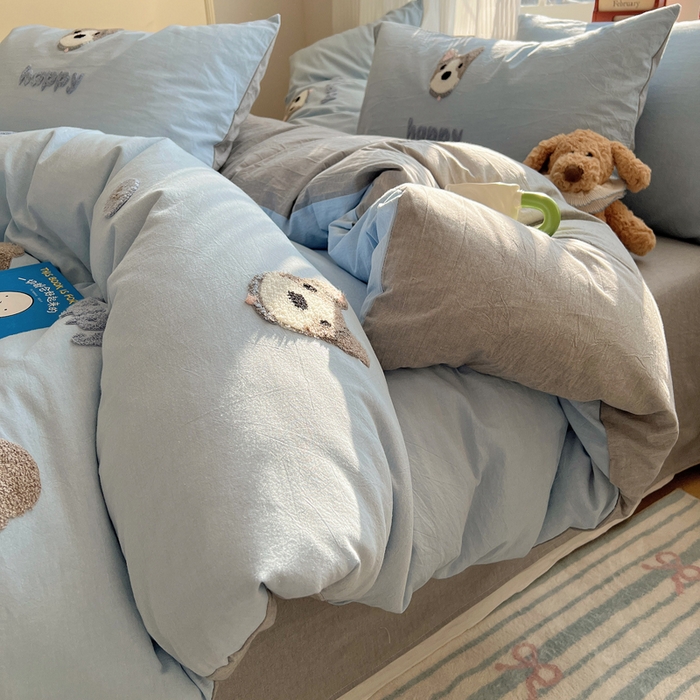 91家纺网 家纺一手货源 找家纺 慕尚家纺 2025新款春夏新款色织水洗棉毛巾绣四件套 泰迪狗 蓝