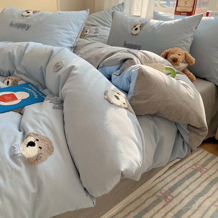 91家纺网 家纺一手货源 找家纺 慕尚家纺 2025新款春夏新款色织水洗棉毛巾绣四件套 泰迪狗 蓝