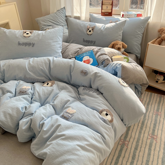 91家纺网 家纺一手货源 找家纺 慕尚家纺 2025新款春夏新款色织水洗棉毛巾绣四件套 泰迪狗 蓝