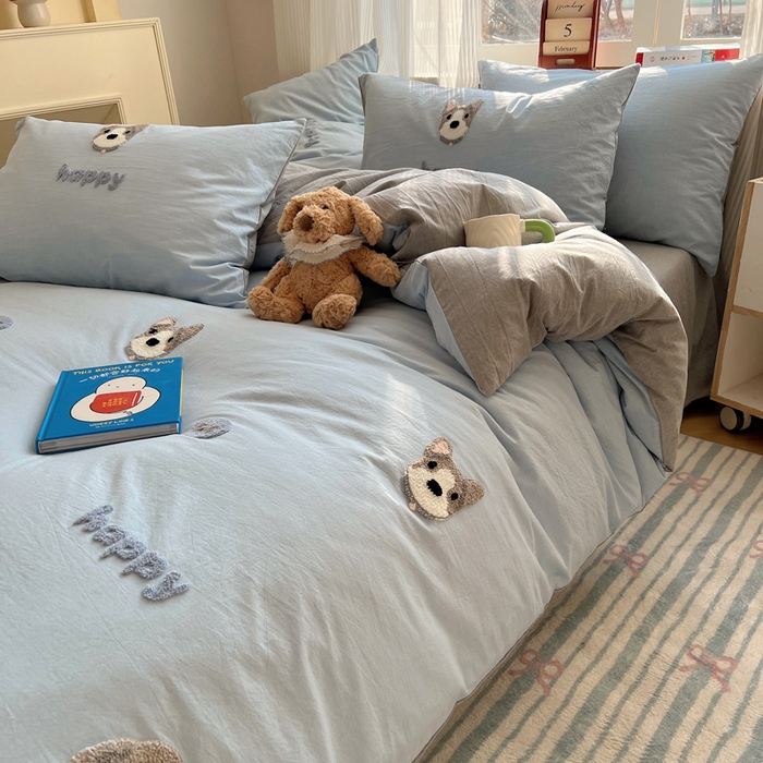 91家纺网 家纺一手货源 找家纺 慕尚家纺 2025新款春夏新款色织水洗棉毛巾绣四件套 泰迪狗 蓝