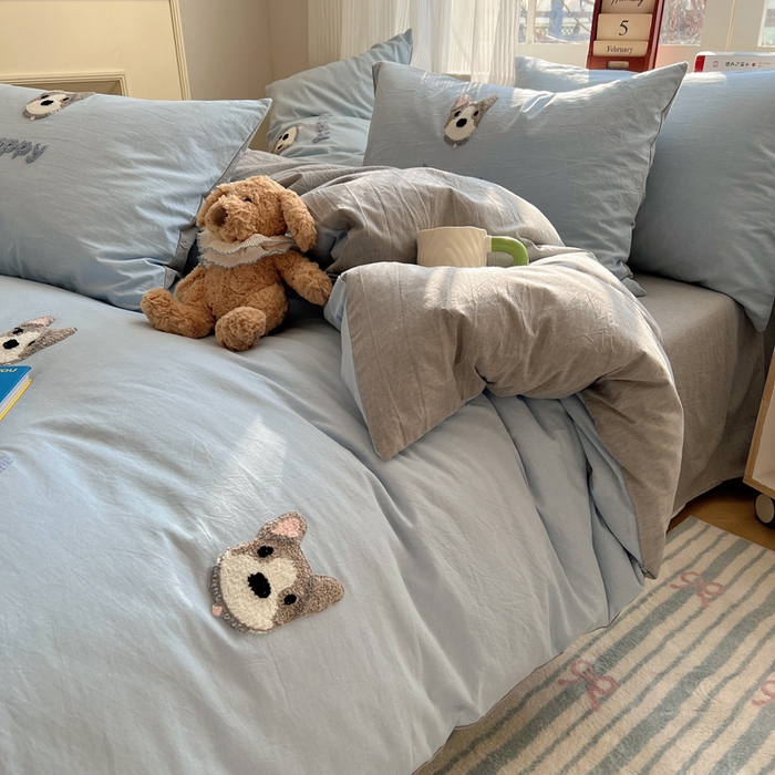 91家纺网 家纺一手货源 找家纺 慕尚家纺 2025新款春夏新款色织水洗棉毛巾绣四件套 泰迪狗 蓝