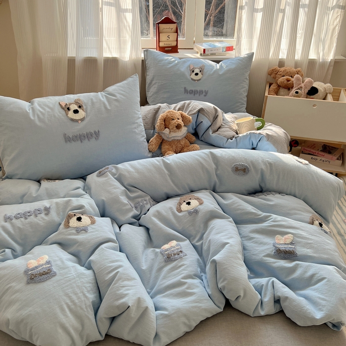 慕尚家纺 2025新款春夏新款色织水洗棉毛巾绣四件套 泰迪狗 蓝