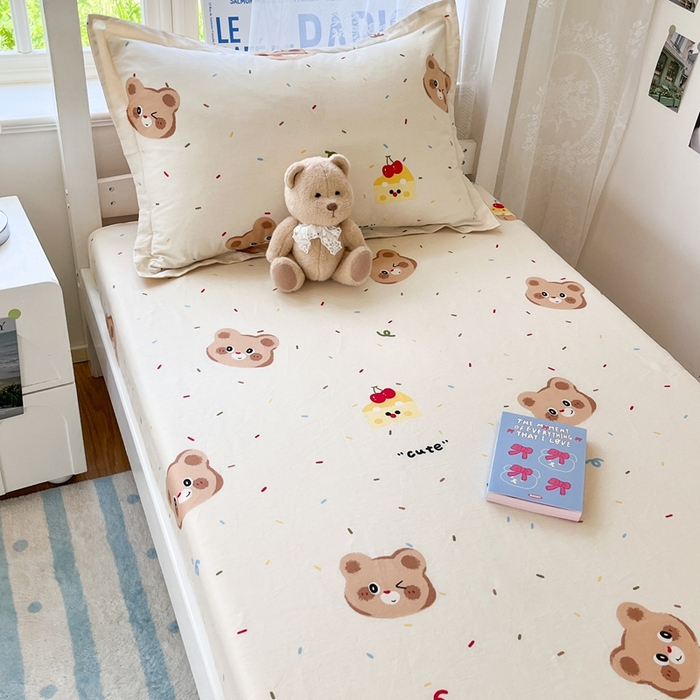 91家纺网 家纺一手货源 找家纺 莱通家纺 2025春夏新款12868纯棉印花学生单床笠 床笠单件（商家提供买家秀） 蛋糕熊