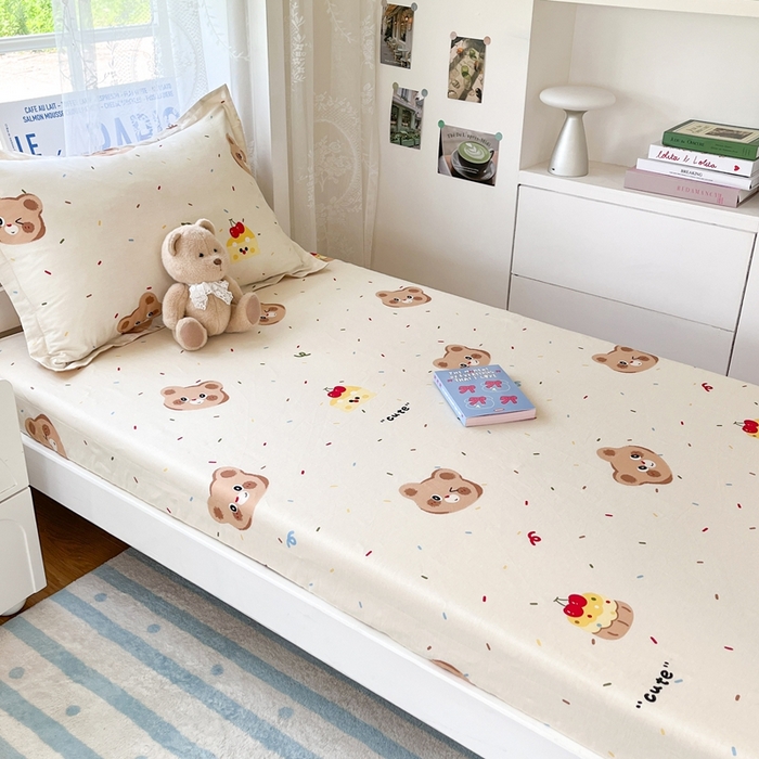 91家纺网 家纺一手货源 找家纺 莱通家纺 2025春夏新款12868纯棉印花学生单床笠 床笠单件（商家提供买家秀） 蛋糕熊