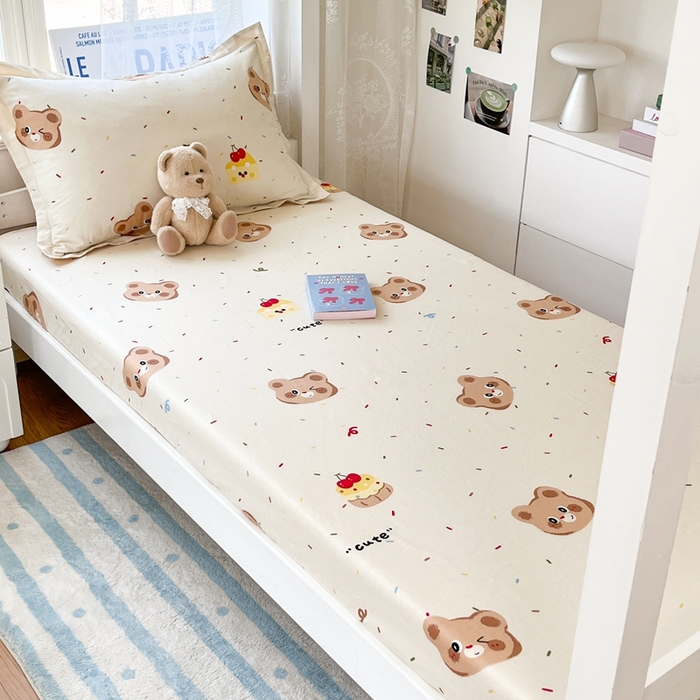 91家纺网 家纺一手货源 找家纺 莱通家纺 2025春夏新款12868纯棉印花学生单床笠 床笠单件（商家提供买家秀） 蛋糕熊