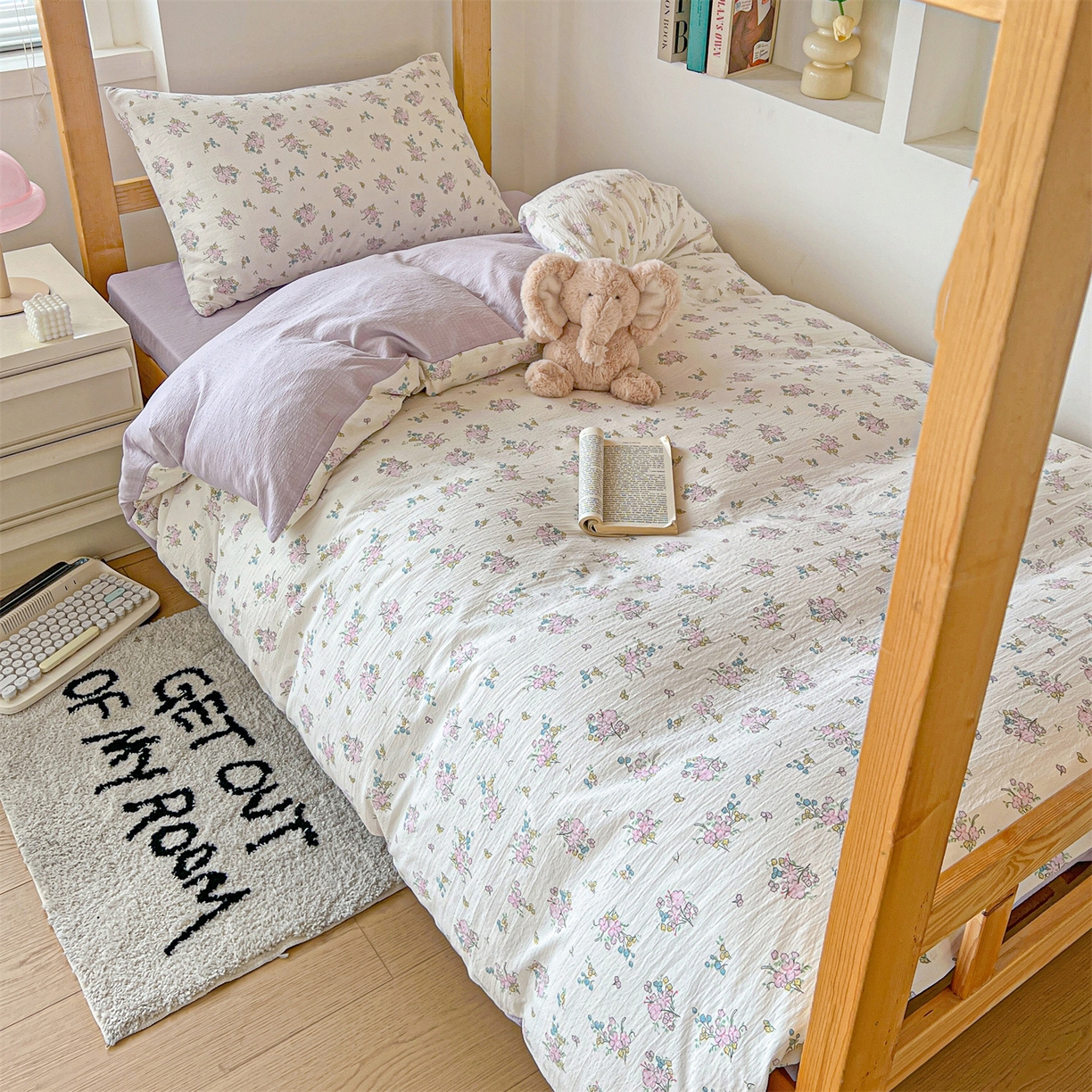 91家纺网 家纺一手货源 找家纺 名兮家居 2025新款皱皱棉学生床宿舍上下铺三件套六件套 花千朵