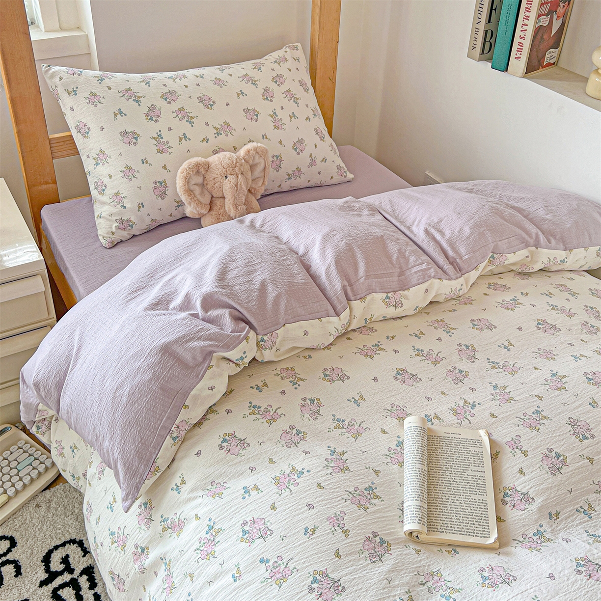 91家纺网 家纺一手货源 找家纺 名兮家居 2025新款皱皱棉学生床宿舍上下铺三件套六件套 花千朵